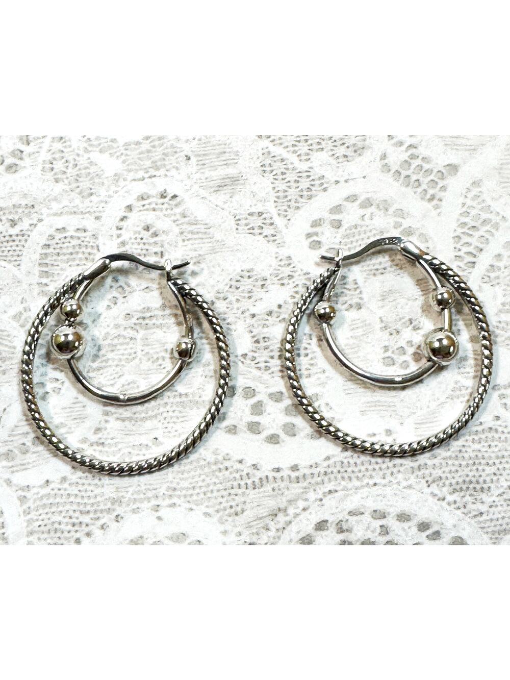 Silver Tone Double Hoop Earrings 1 Inch Twisted Textured Circle Hoops E298
